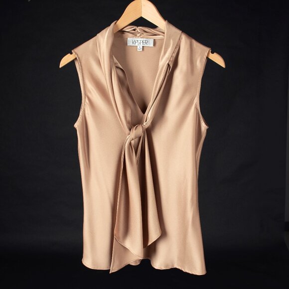 Satin Metallic Champagne Gold Tie Front Sleeveless V-Neck Blouse - Picture 4 of 10